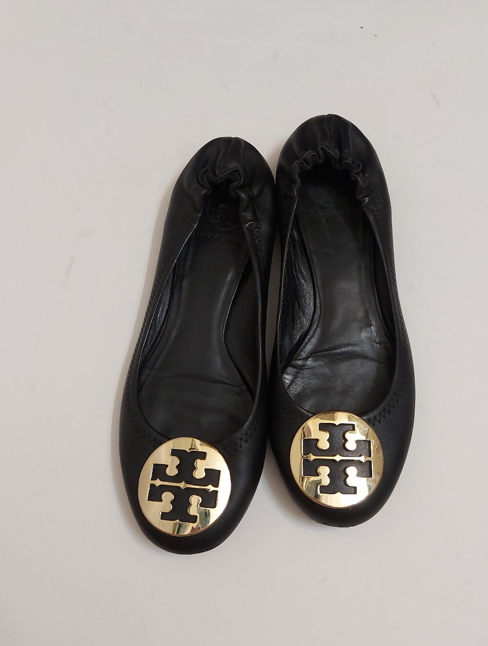 Tory Burch Black Leather Ballet Flats with Gold Logo Medallion